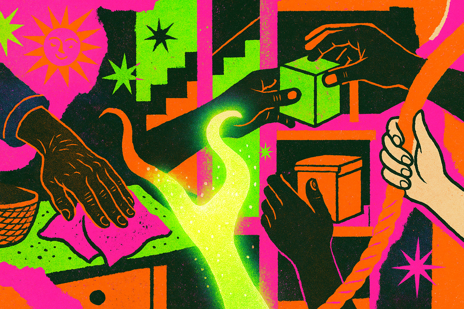 Diverse hands of all kinds caring for a shared space togetherâhuman hands wiping, organizing, tidying alongside a glowing magical non-human hand, celebrating collective care and joy