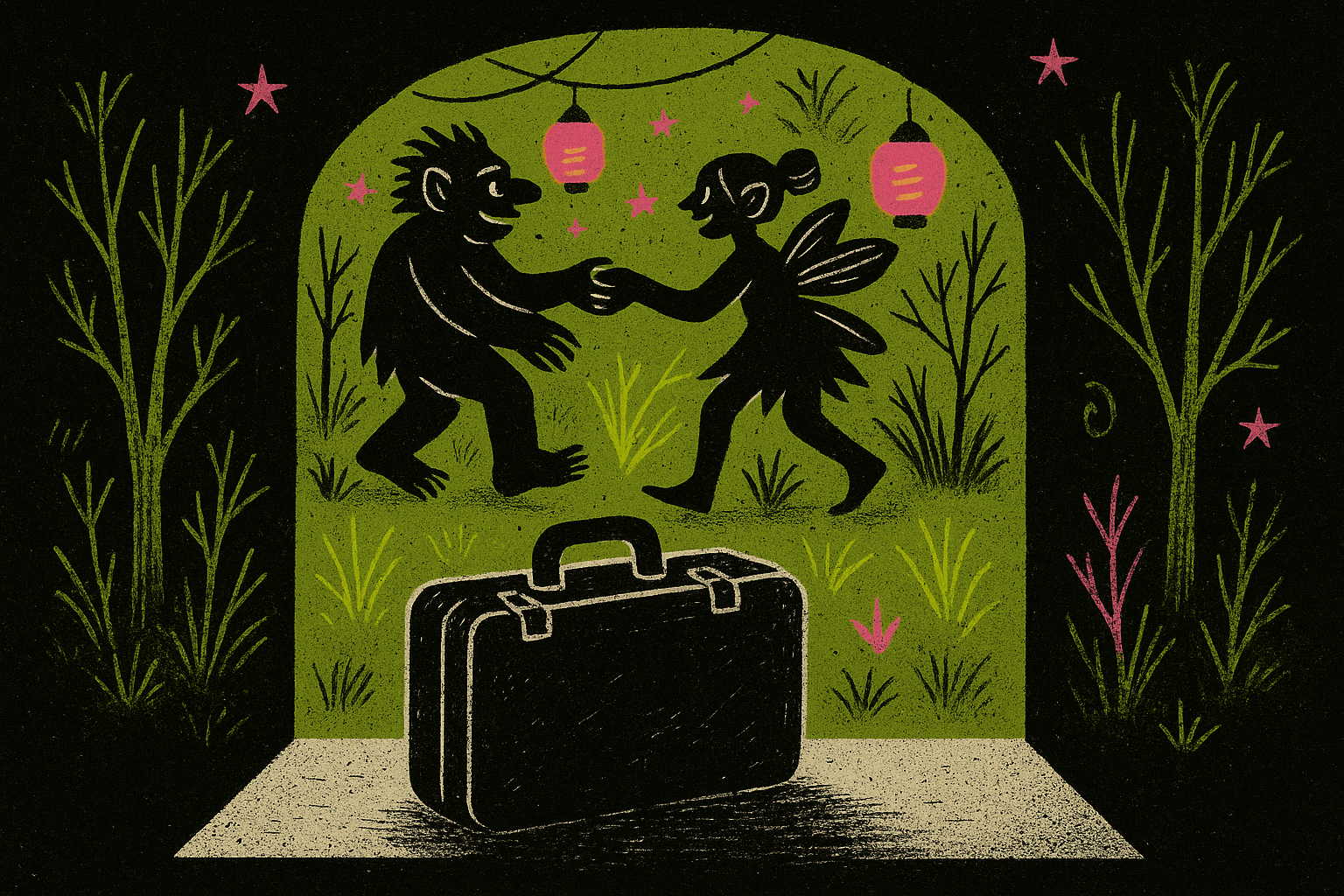Suitcase left on a threshold, camp lights glowing beyond.