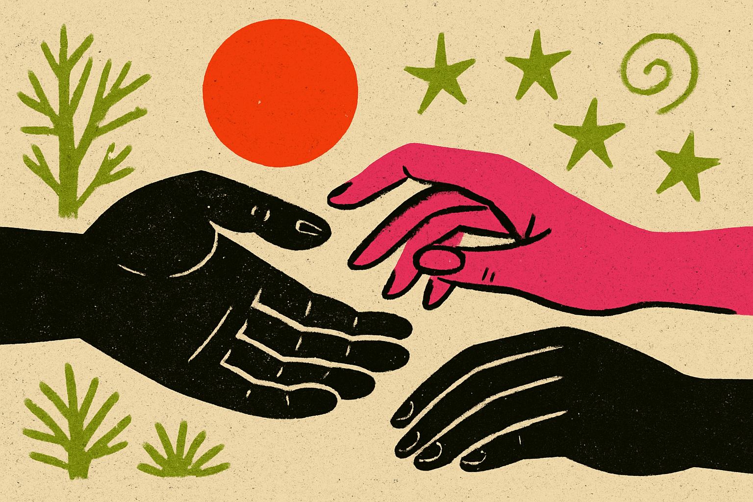 Two hands, loosely touching. A third hand rests nearby.