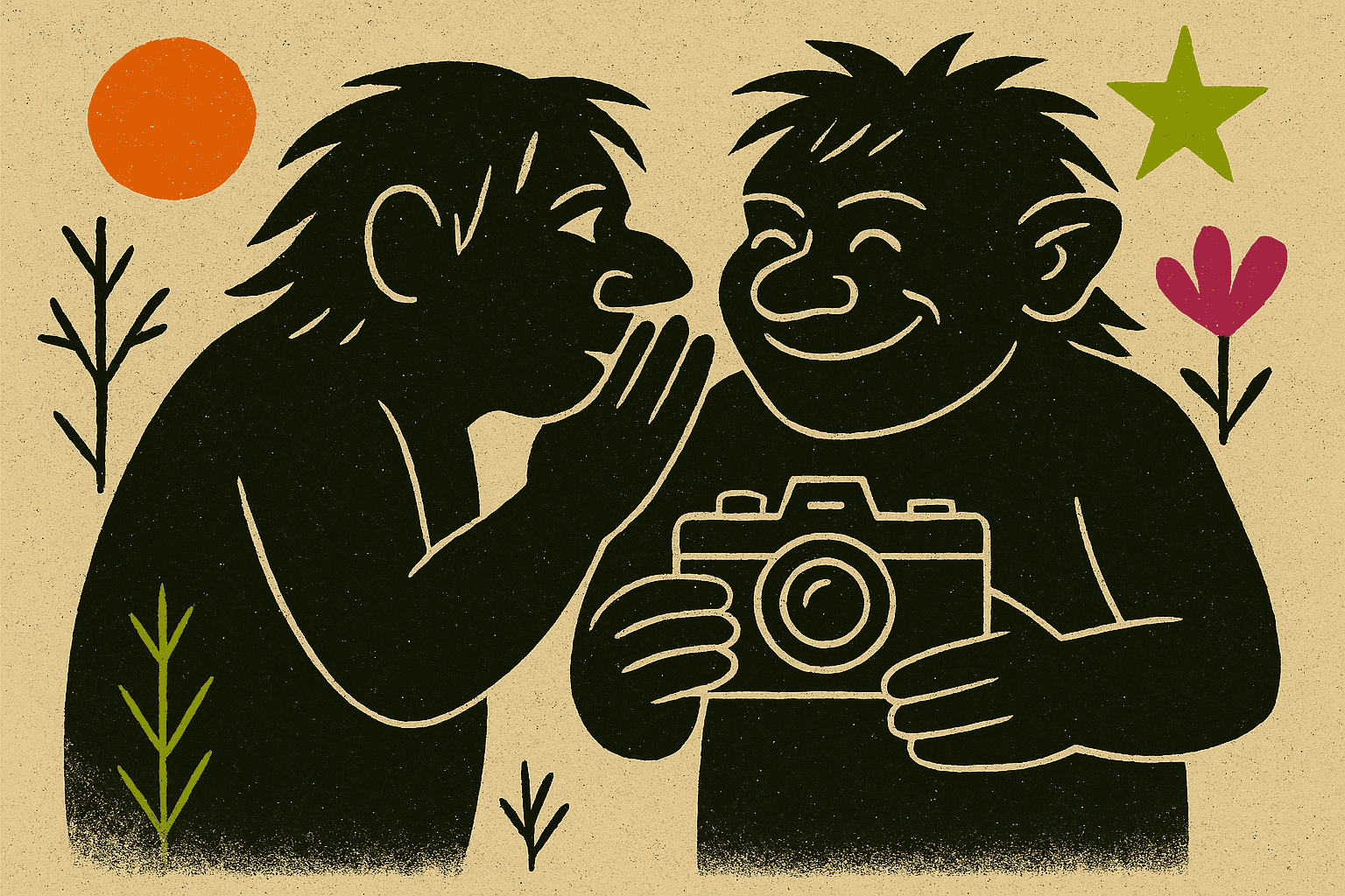 Twee trollen staan dicht bij elkaar. Eén fluistert iets, de ander houdt een camera, maar laat die zakken met een glimlach.