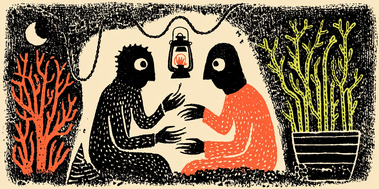 Two people sitting together in calm conversation under a lantern.