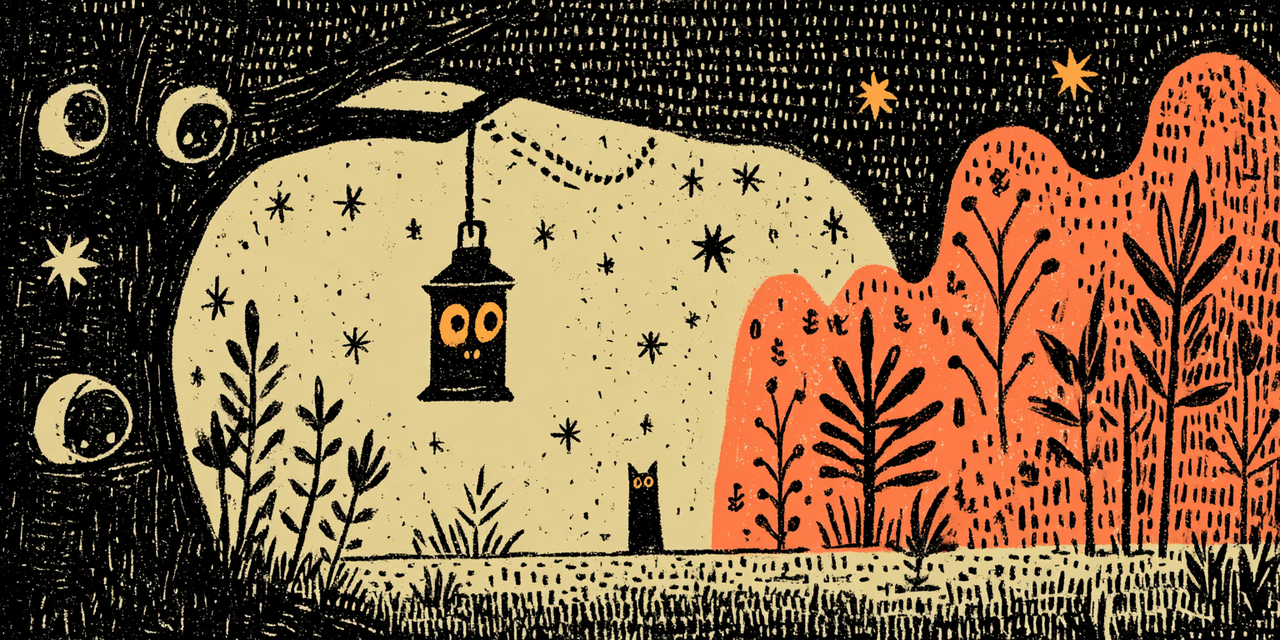 A lantern hanging from a tree branch over the field at night.