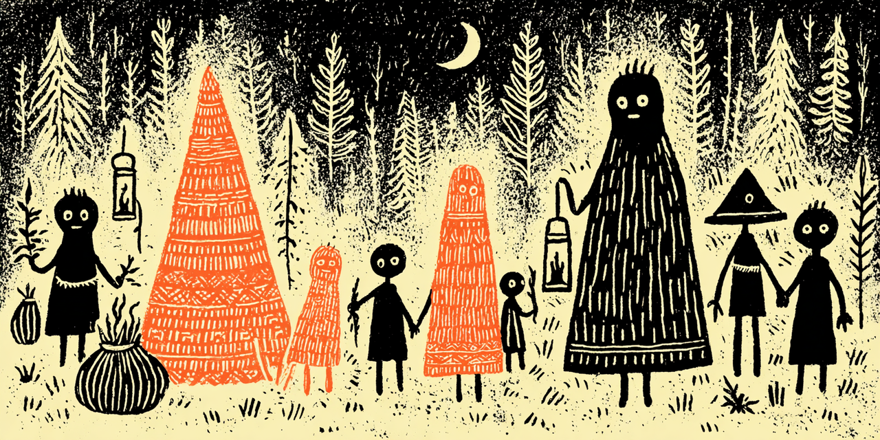 People arriving into camp at dusk, finding their place in the field.