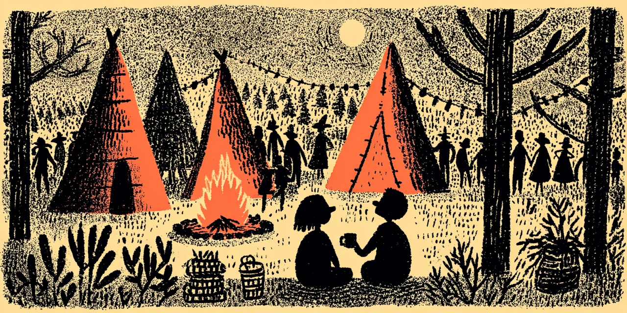 Camp life around tents and the fire under string lights.