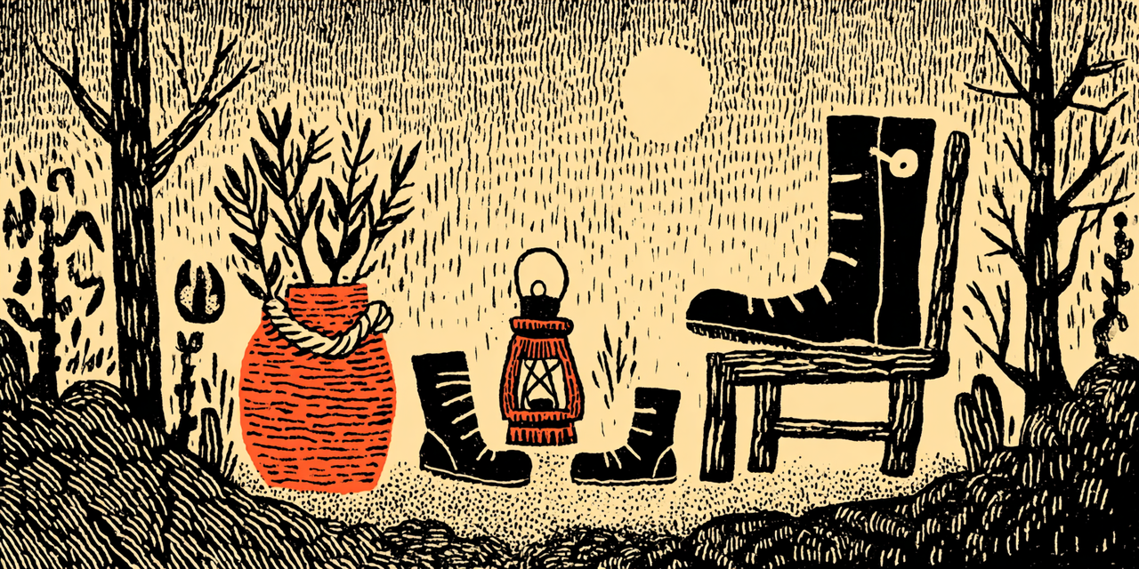 A rope harness, lantern, and camp gear waiting to be set into place.