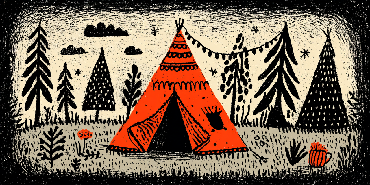 A tent entrance lit softly at night with blankets and fairy lights.