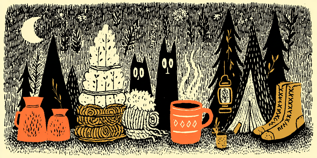 Practical camp essentials: rope, mugs, broom, lantern, and boots.