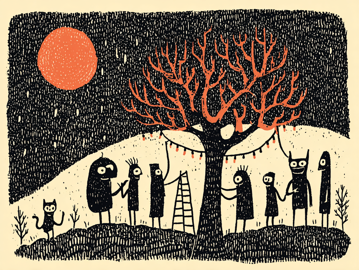 A small crew setting up string lights together.