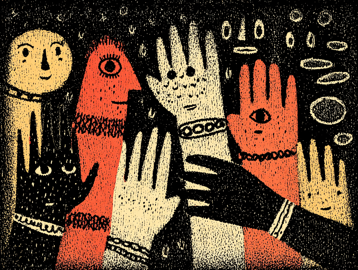 A cluster of hands reaching in together.