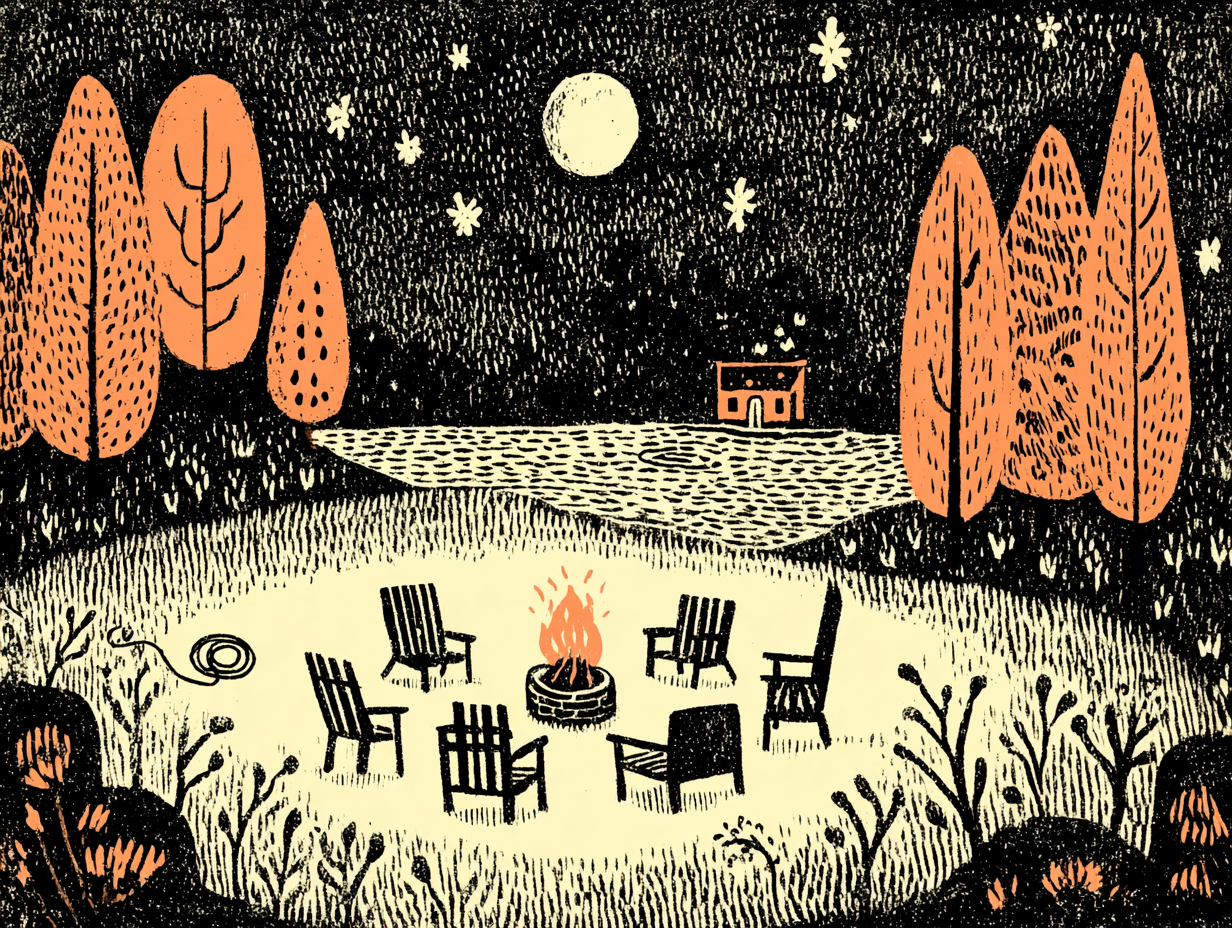 An empty circle of camp chairs around a low fire pit at dusk.