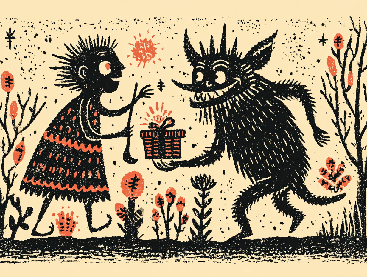 A mischievous fairy and a grinning troll sharing a tiny treasure.