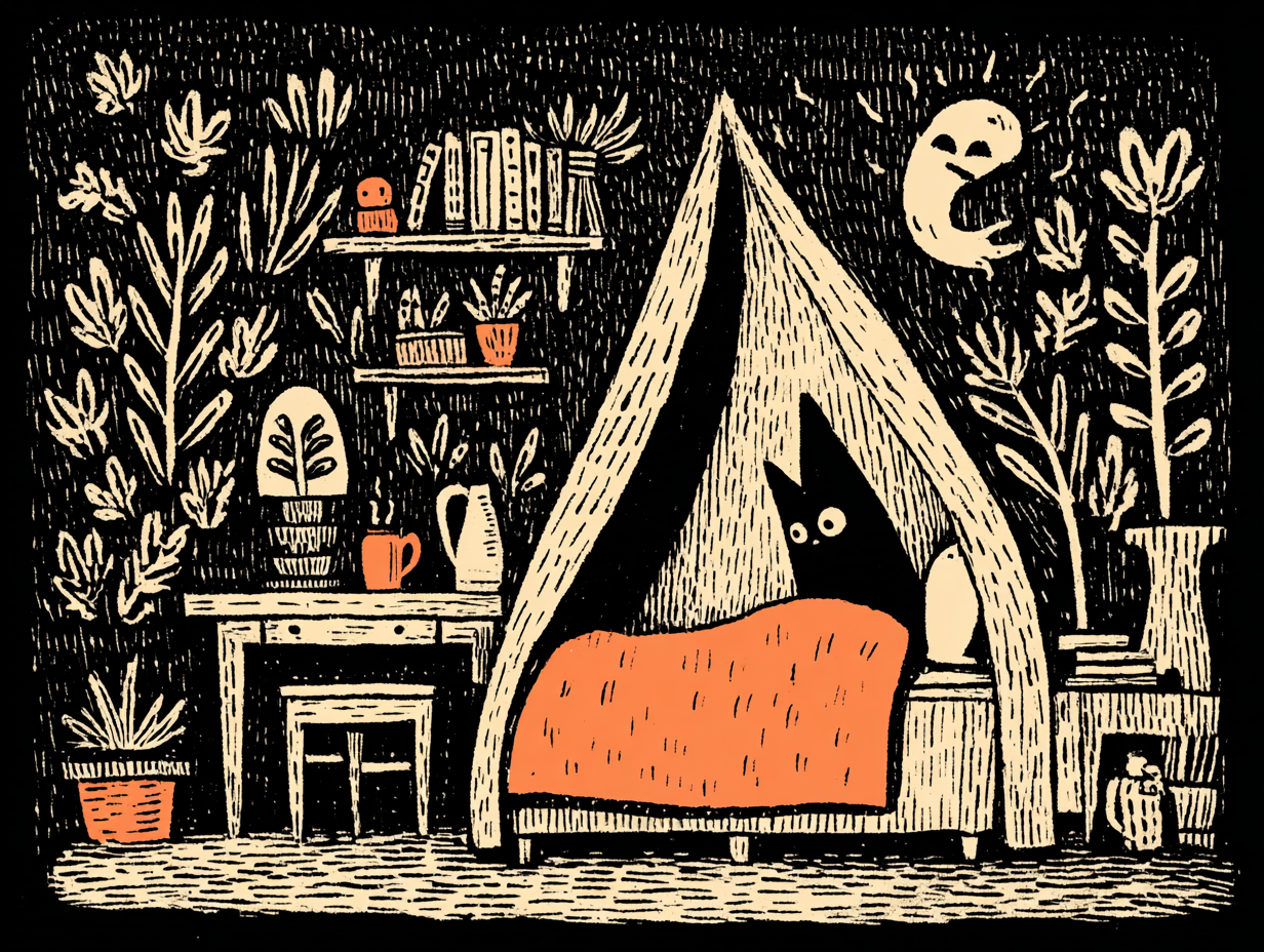 A quiet corner with a canopy, blankets, and small comfort items.