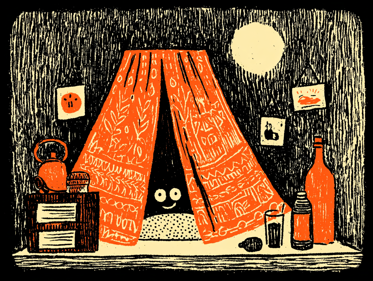 A quiet corner with a canopy, blankets, and small comfort items.