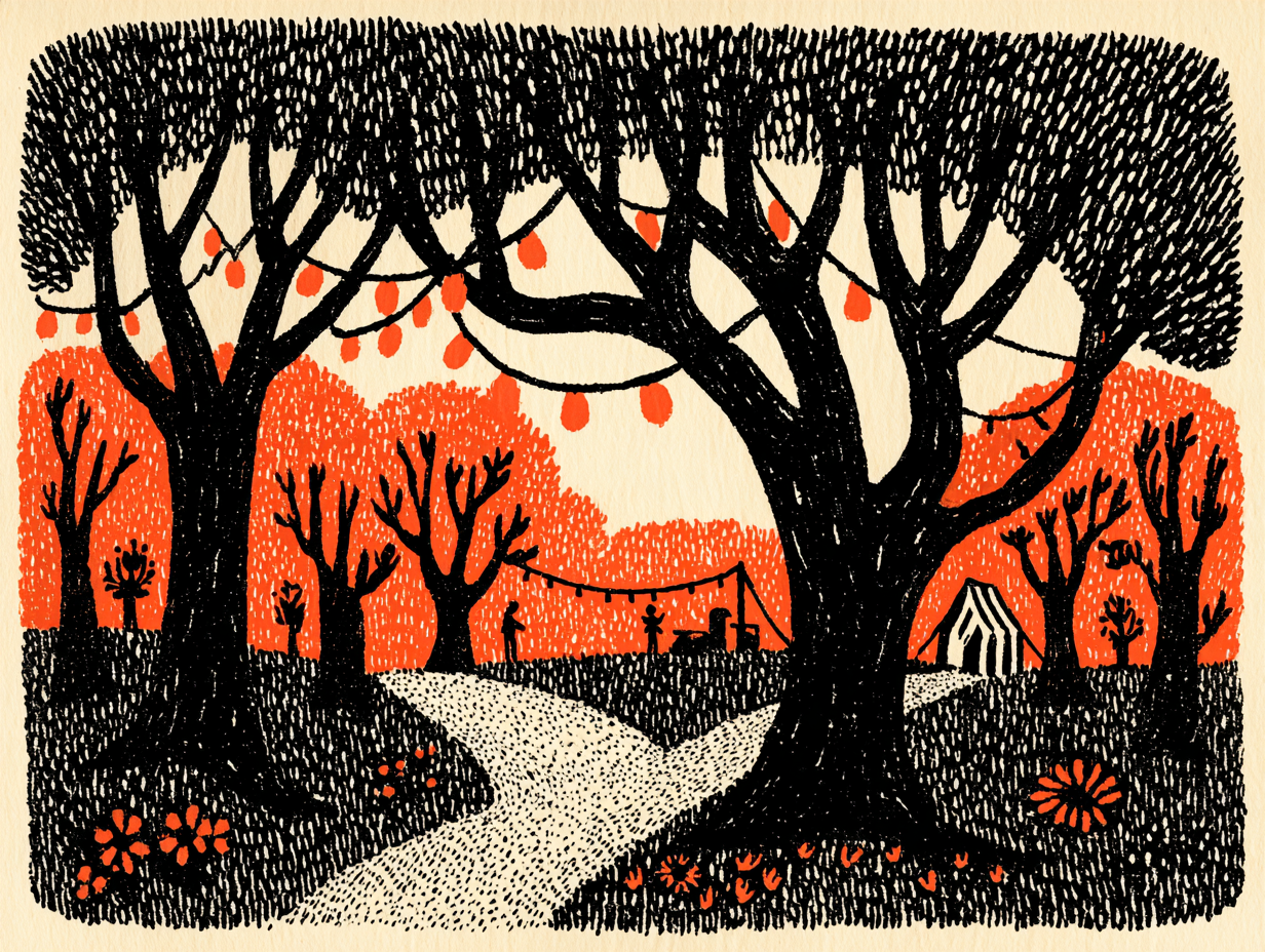 Trees with string lights framing a path into the field.