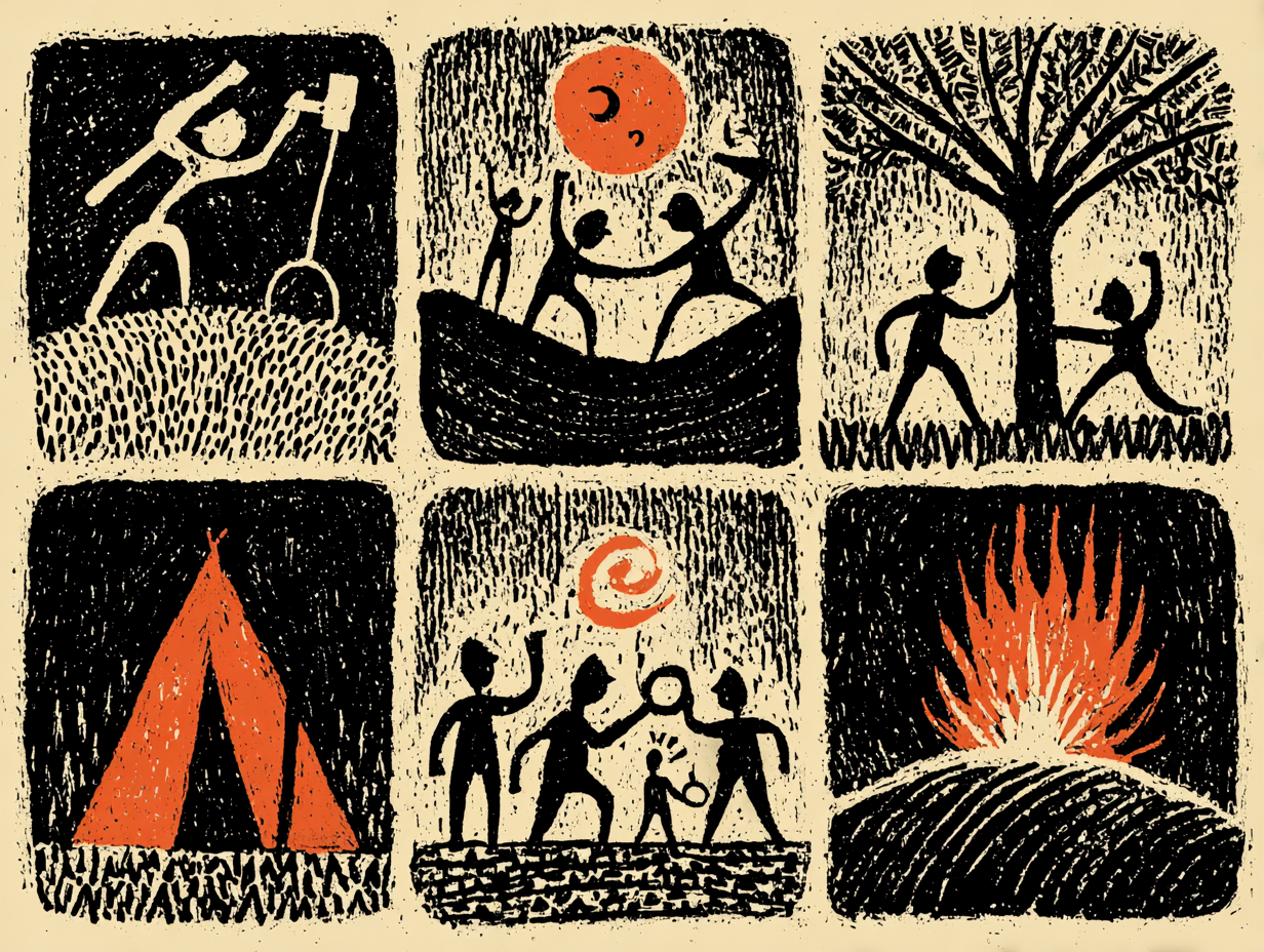 A six-part timeline: build, arrival, consent, connection, play, and firelight.