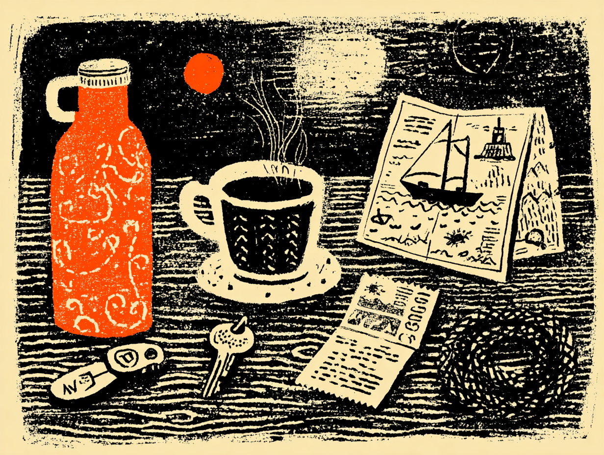 Travel prep on a table: keys, coffee, a map, and rope.