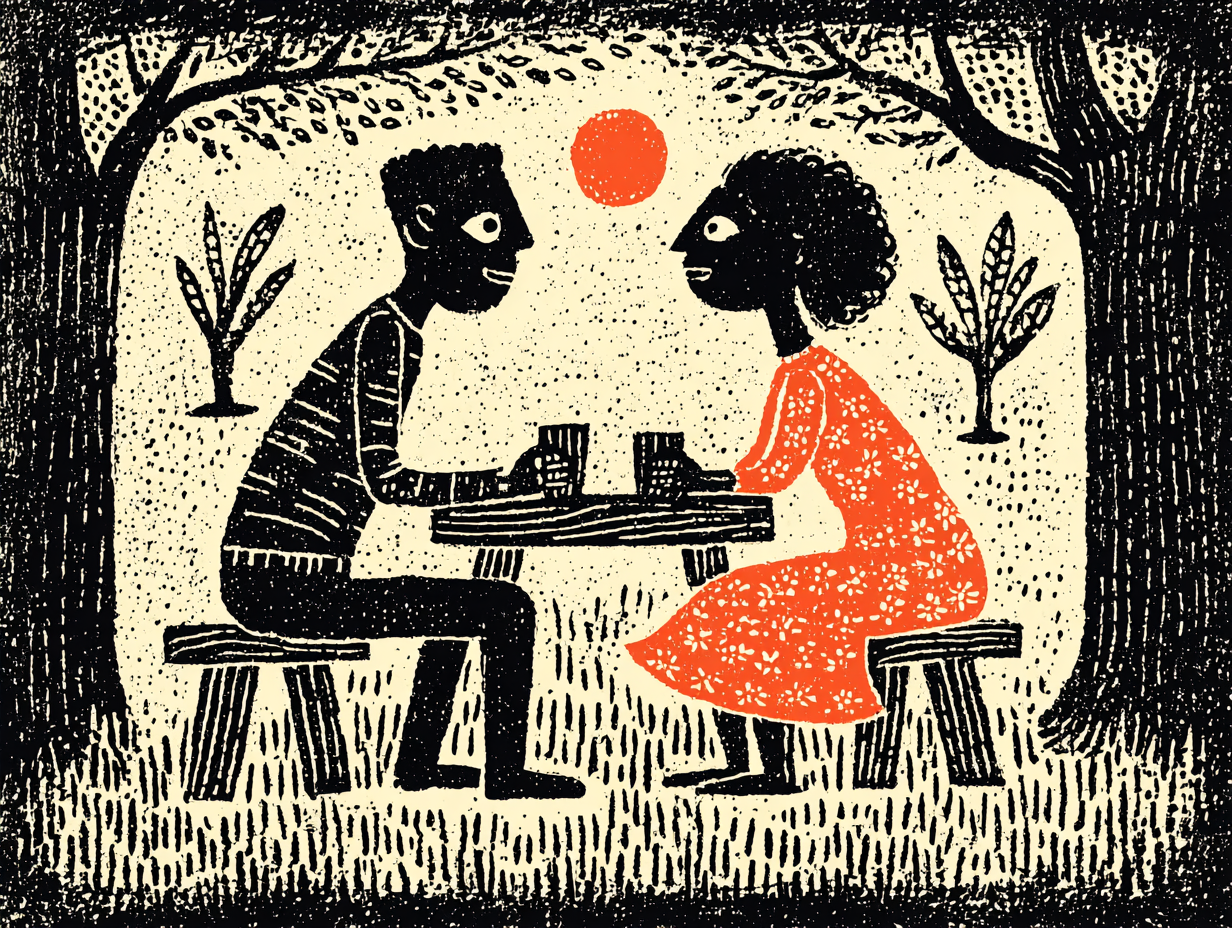 Two people talking quietly at a picnic table.