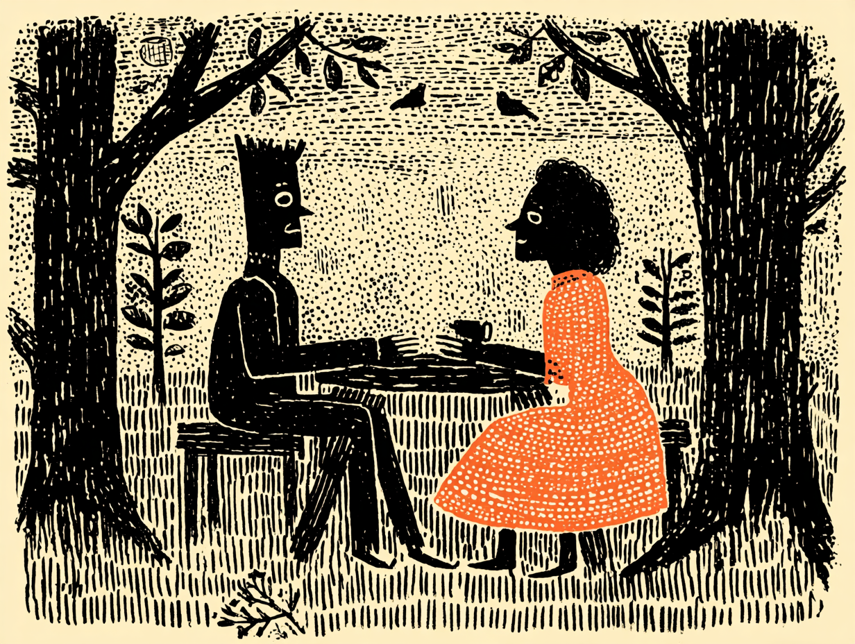 Two people talking at a picnic table.