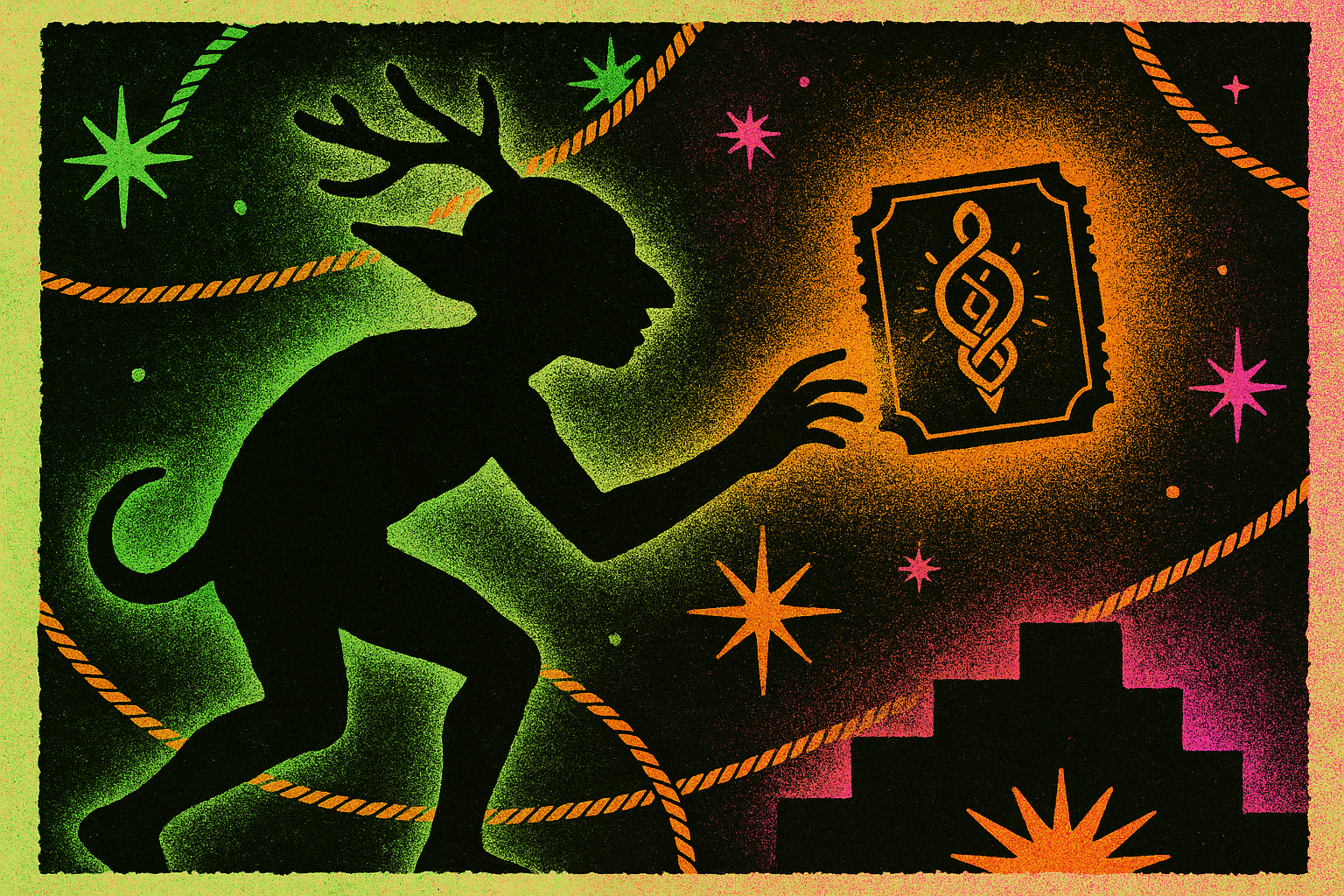 A mythic creature with antlers reaching toward a glowing invitation floating in space, surrounded by rope strands like constellations